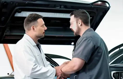 Мастер автосервиса показывает планшет диагностики у автомобиля на подъемнике