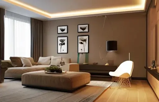 Современная гостиная с LED-освещением и маркировками по яркости и цветовой температуре