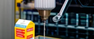 Mechanic performing economical oil and filter change with labeled viscosity and filter packaging in a well-equipped workshop.
