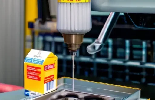 Mechanic performing economical oil and filter change with labeled viscosity and filter packaging in a well-equipped workshop.