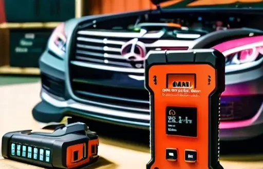 Набор бюджетных OBD-II сканеров на столе в гараже с включенным смартфоном