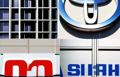 Коллаж логотипов надежных брендов: Toyota, Bosch, Apple, Samsung, Siemens, Michelin, 3M на фоне индустриального фона